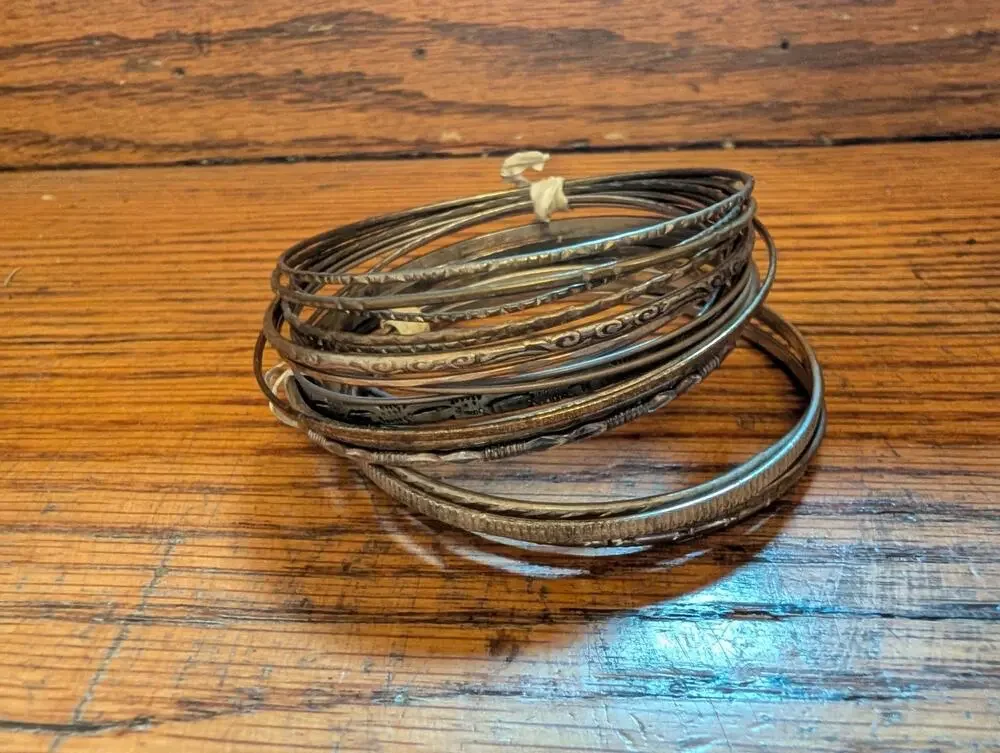 Vintage Stack Of Silver Etched Bangels Bracelets